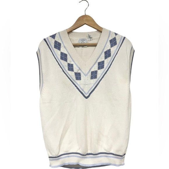Whitfield & Bridges Mens Sweater Vest V Neck White Large Cottagecore Grandpacore - Picture 2 of 8